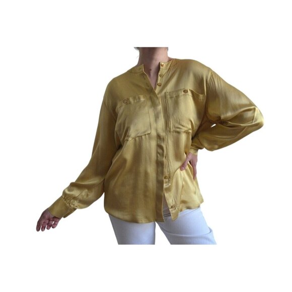 Vtg Escada Button Up Silk Top Womens Sz 40 US M Old Money Luxe Collarless Shirt - Picture 1 of 11